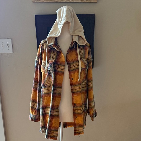Plaid Button Down Shirt with Hood - Picture 1 of 3